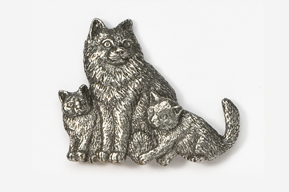 #439B - Longhair Cat & Kittens Antiqued Pewter Pin